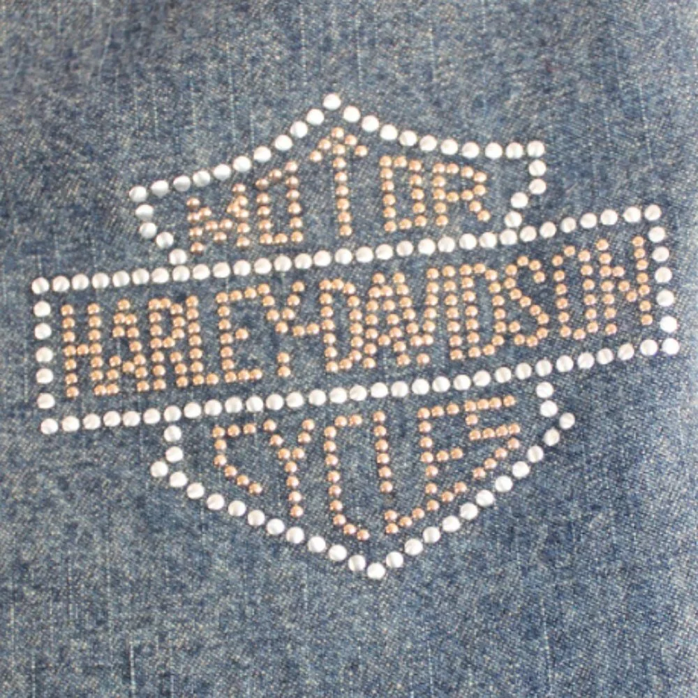 Harley Davidson Classic Blue Wash Logo Studded Boot/Flare Jeans, Size 12